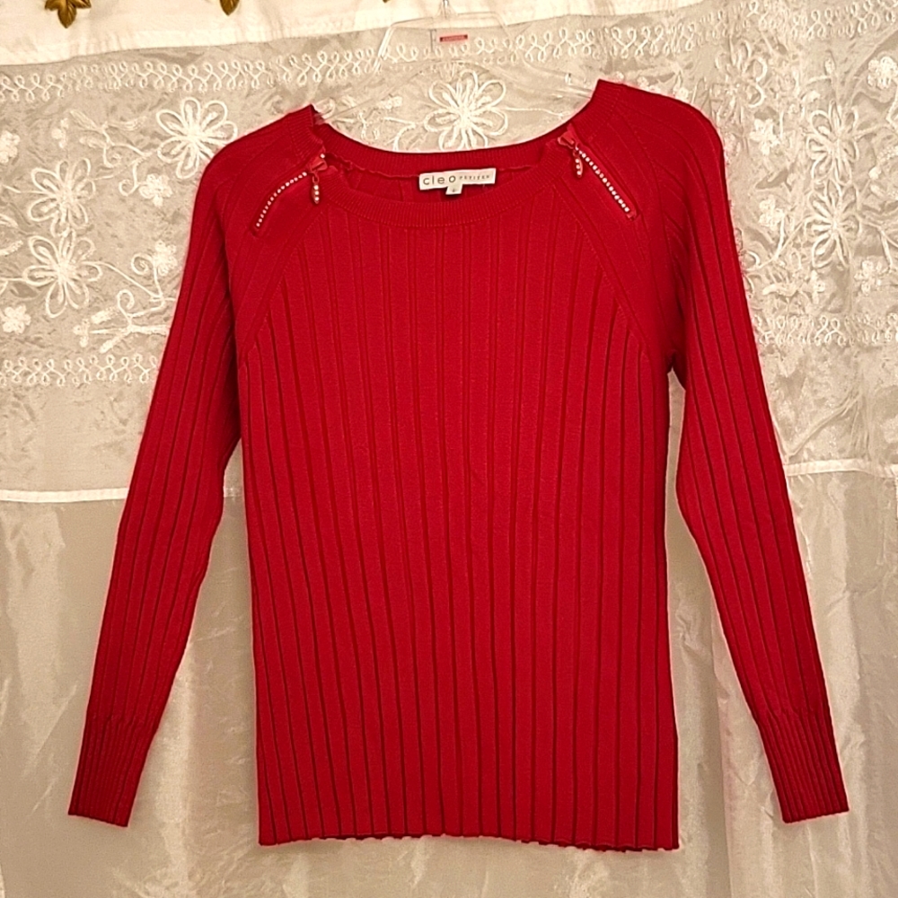Cleo Carmine Red Ribbed Sweater, Rhinestone Zip Shoulders, PL